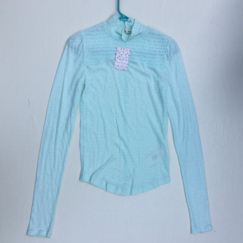 free people iced aqua smocked top small nwt